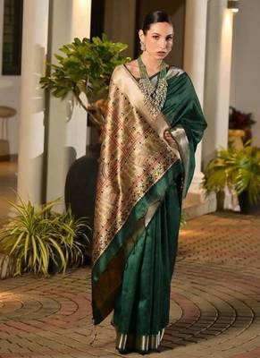 green khadi raw silk hand painted saree 4