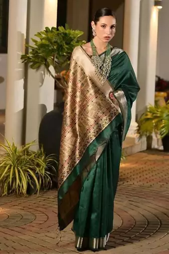 green khadi raw silk hand painted saree