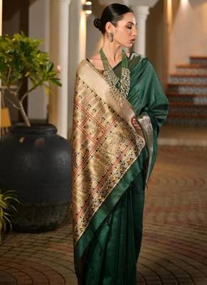 green khadi raw silk hand painted saree 5