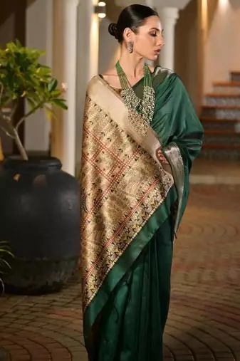 green khadi raw silk hand painted saree