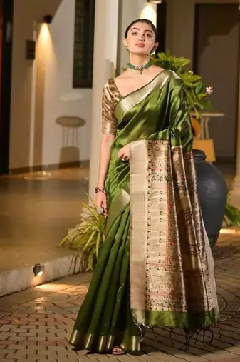 mehendi khadi raw silk blend hand painted sarees