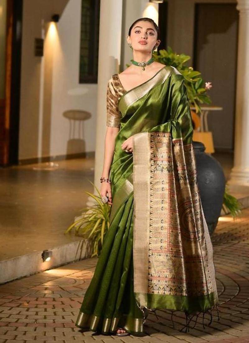 mehendi khadi raw silk blend hand painted sarees