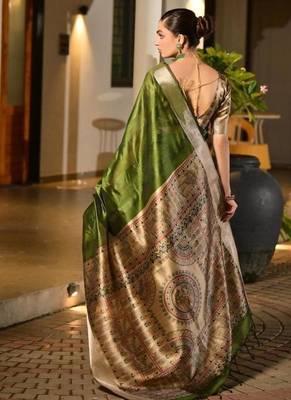 mehendi green khadi raw silk hand painted saree 3