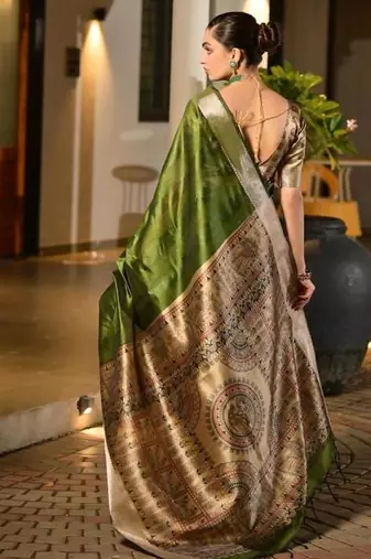mehendi green khadi raw silk hand painted saree
