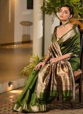 mehendi green khadi raw silk hand painted saree 4