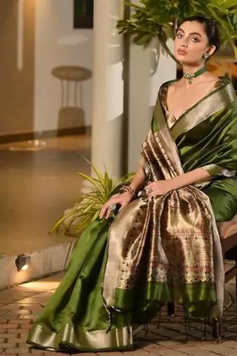 mehendi green khadi raw silk hand painted saree