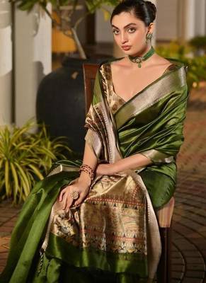 mehendi green khadi raw silk hand painted saree 5