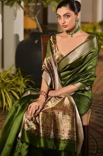 mehendi green khadi raw silk hand painted saree