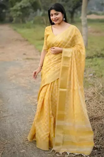 yellow soft kalyani silk blend zari weaving checks sarees