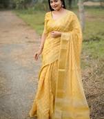 yellow soft kalyani silk zari checks saree
