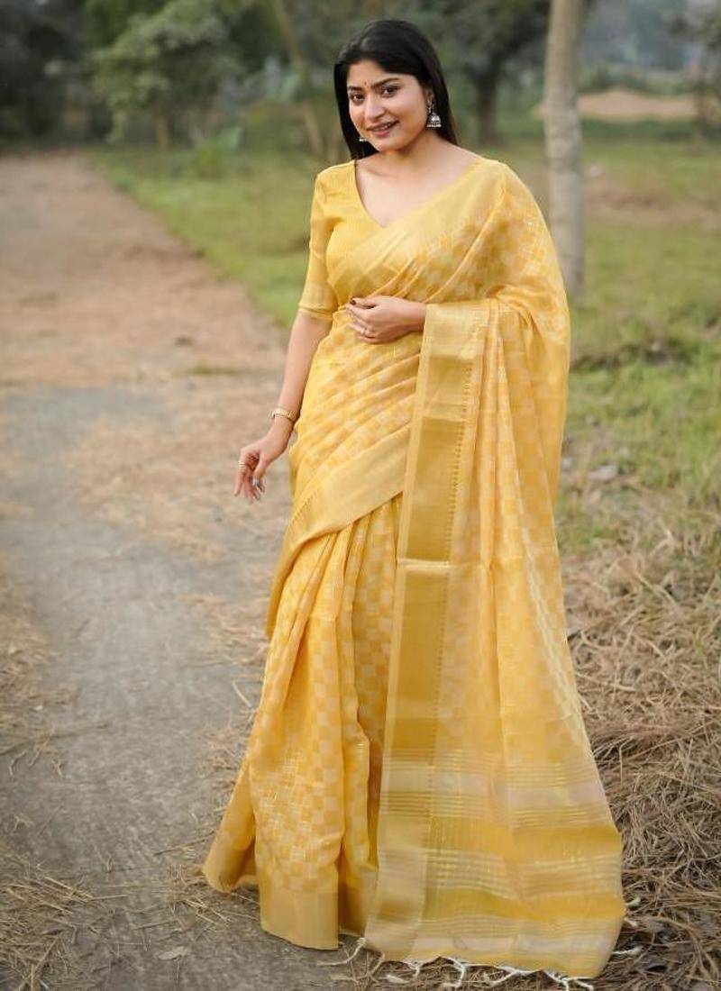 yellow soft kalyani silk blend zari weaving checks sarees