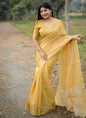 yellow soft kalyani silk zari checks saree 2