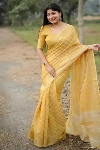 yellow soft kalyani silk zari checks saree