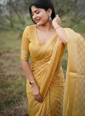 yellow soft kalyani silk zari checks saree 3