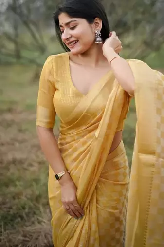 yellow soft kalyani silk zari checks saree