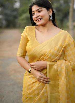 yellow soft kalyani silk zari checks saree 4