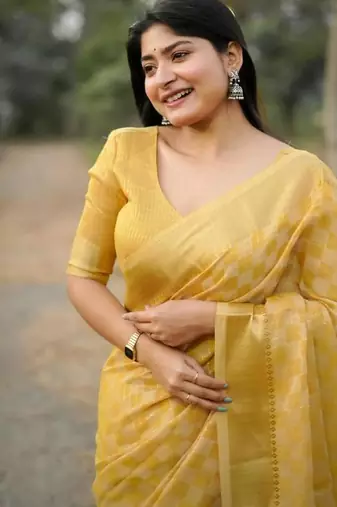 yellow soft kalyani silk zari checks saree