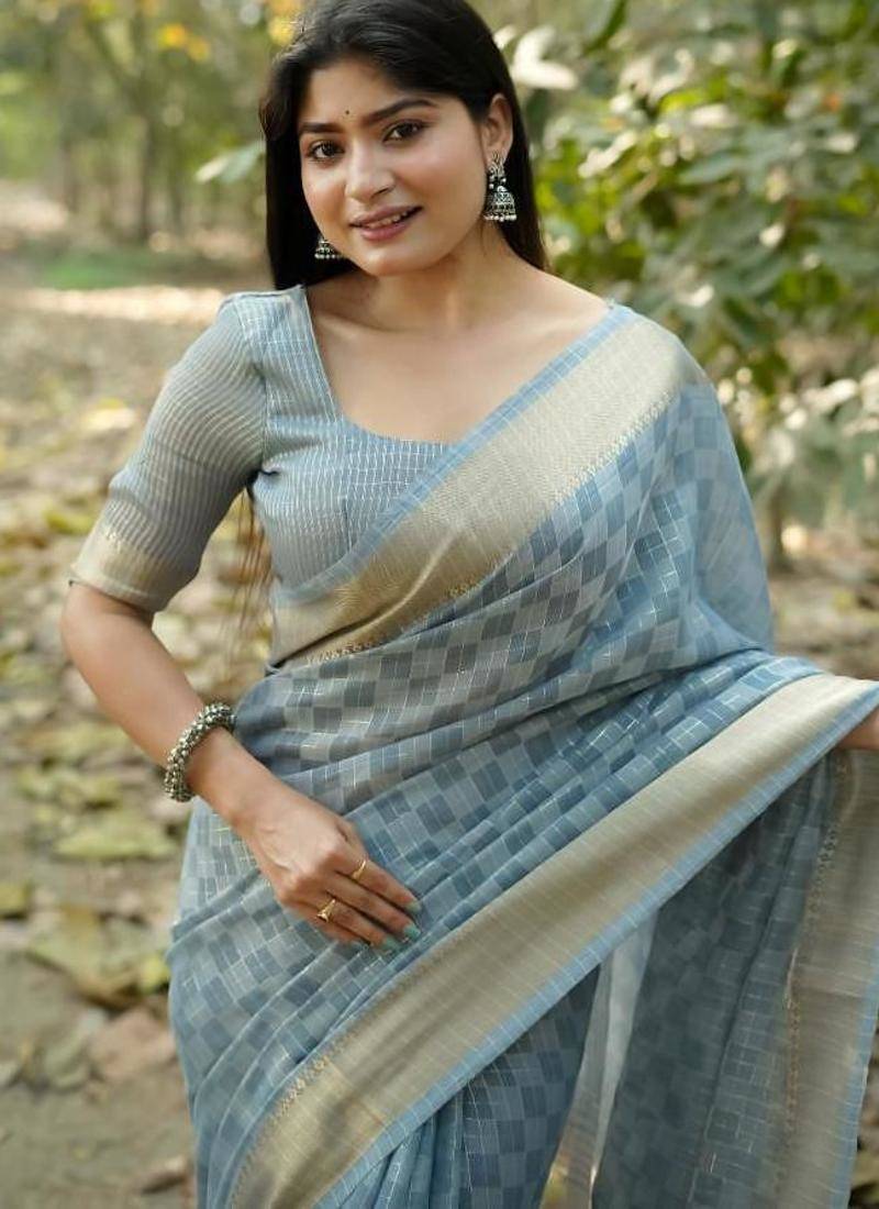 sky blue soft kalyani silk blend zari weaving checks sarees