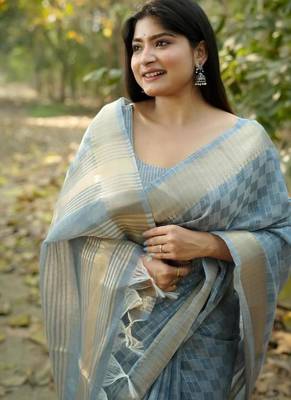 sky blue soft kalyani silk blend zari weaving checks sarees 2