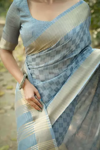 sky blue soft kalyani silk blend zari weaving checks sarees