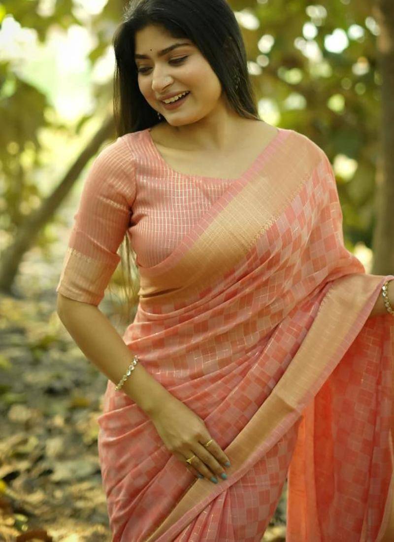 peach soft kalyani silk blend zari weaving checks sarees