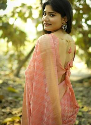 peach soft kalyani silk blend zari weaving checks sarees 2