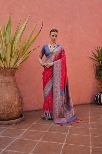 rani pink & blue banarasi silk blend weaving sarees