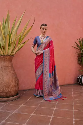 rani pink & blue banarasi silk blend weaving sarees