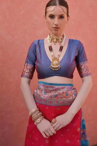 rani pink and blue banarasi silk designer saree