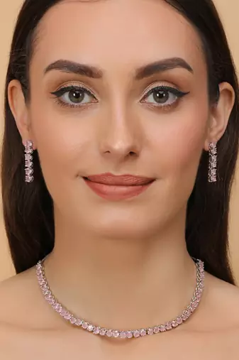 Silver plated pink stone cz necklace 
