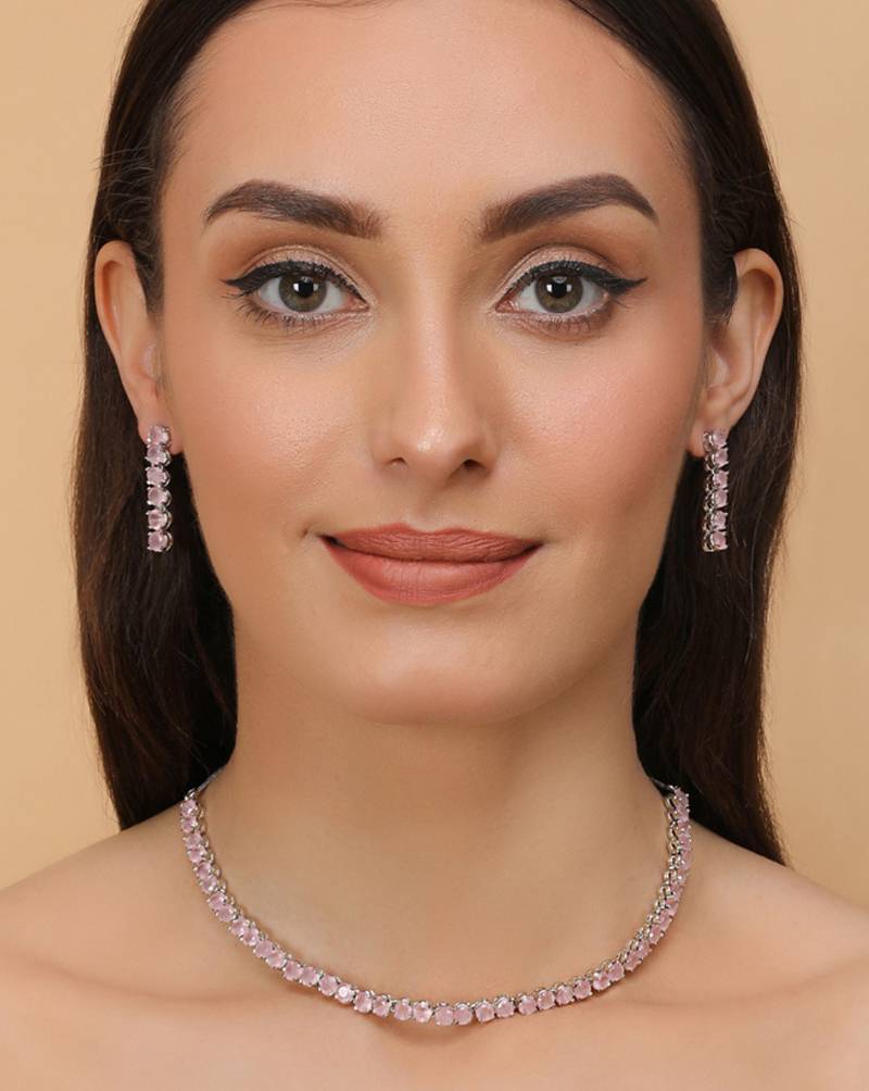 Silver plated pink stone cz necklace 