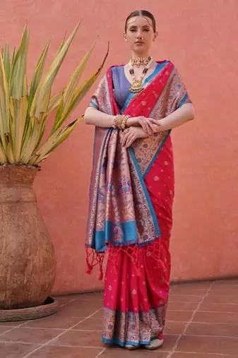 rani pink and blue banarasi silk designer saree