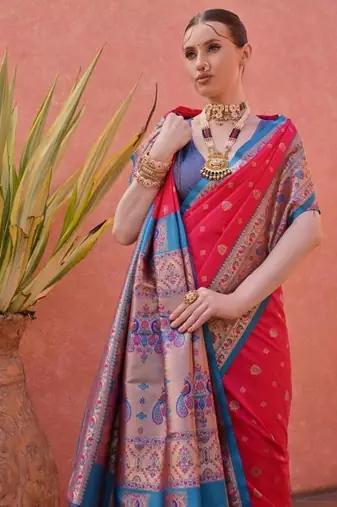 rani pink and blue banarasi silk designer saree