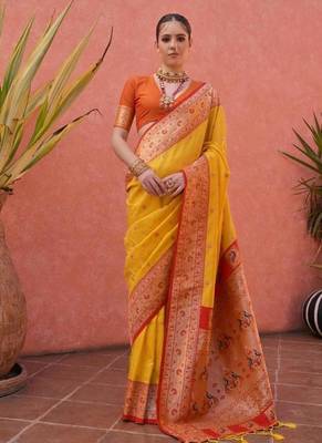 yellow and orange banarasi silk festive saree 1