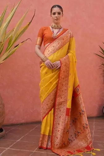 yellow & orange banarasi silk blend weaving sarees