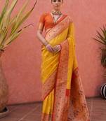 yellow and orange banarasi silk festive saree