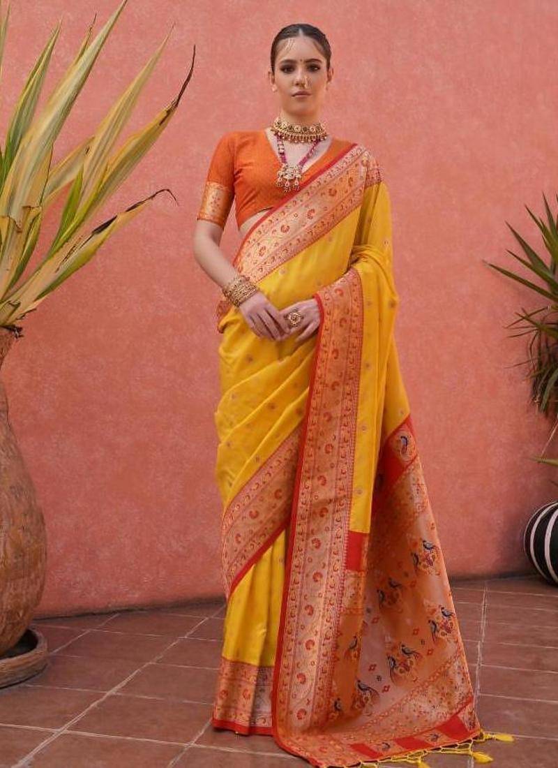yellow & orange banarasi silk blend weaving sarees