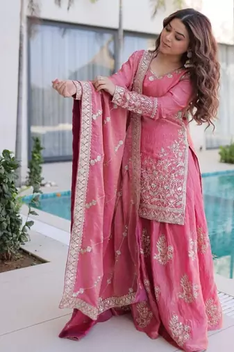 Peach Premium designer readymade top-sharara-dupatta