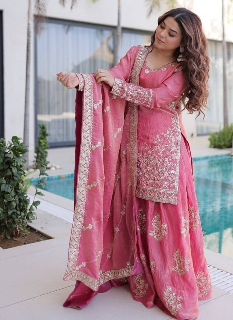 Peach Premium designer readymade top-sharara-dupatta