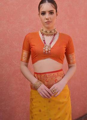 yellow and orange banarasi silk festive saree 2
