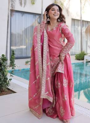 peach zari sequins embroidered sharara set with dupatta 2