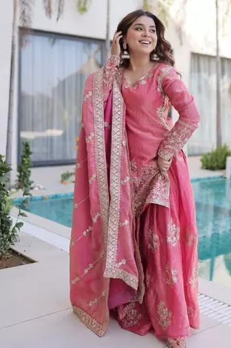 peach zari sequins embroidered sharara set with dupatta