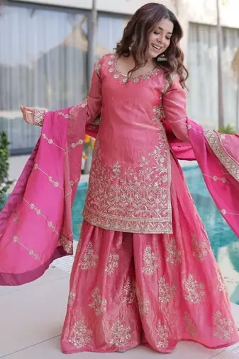 peach zari sequins embroidered sharara set with dupatta