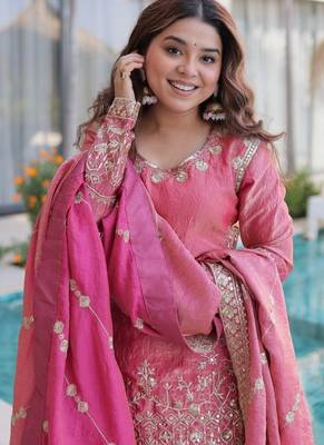 peach zari sequins embroidered sharara set with dupatta 5