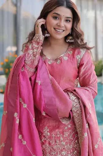 peach zari sequins embroidered sharara set with dupatta