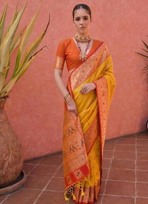 yellow and orange banarasi silk festive saree 3