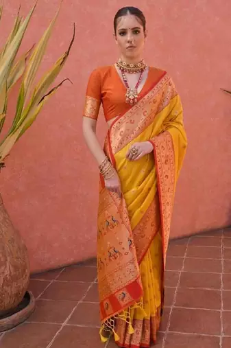 yellow and orange banarasi silk festive saree