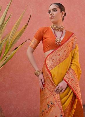 yellow and orange banarasi silk festive saree 4