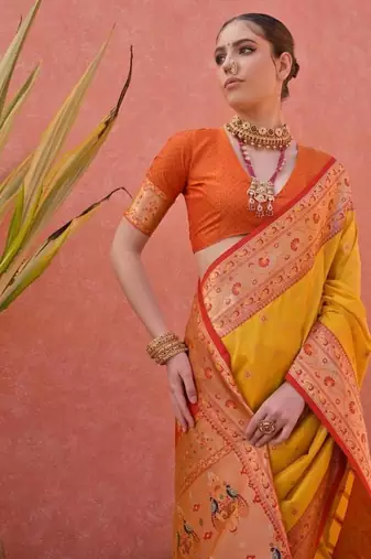 yellow and orange banarasi silk festive saree