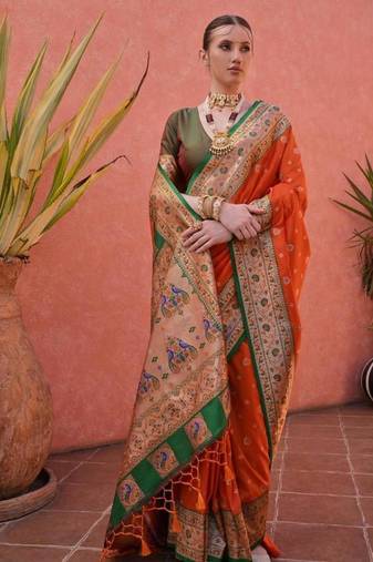 red & green banarasi silk blend weaving sarees